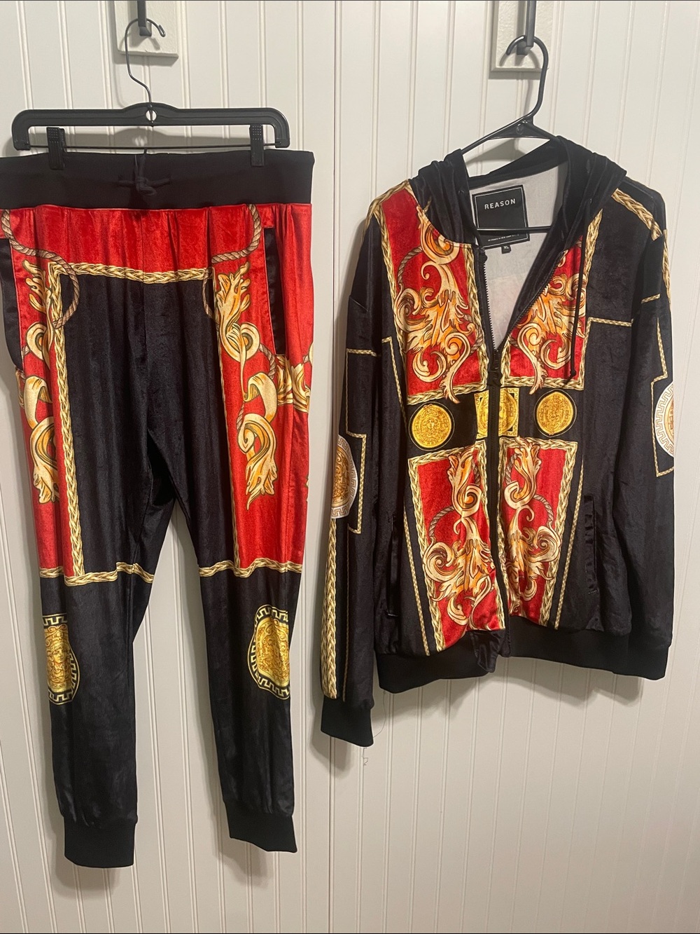 REASON Black, Red & Gold Baroque Zip Hoodie and Joggers Set